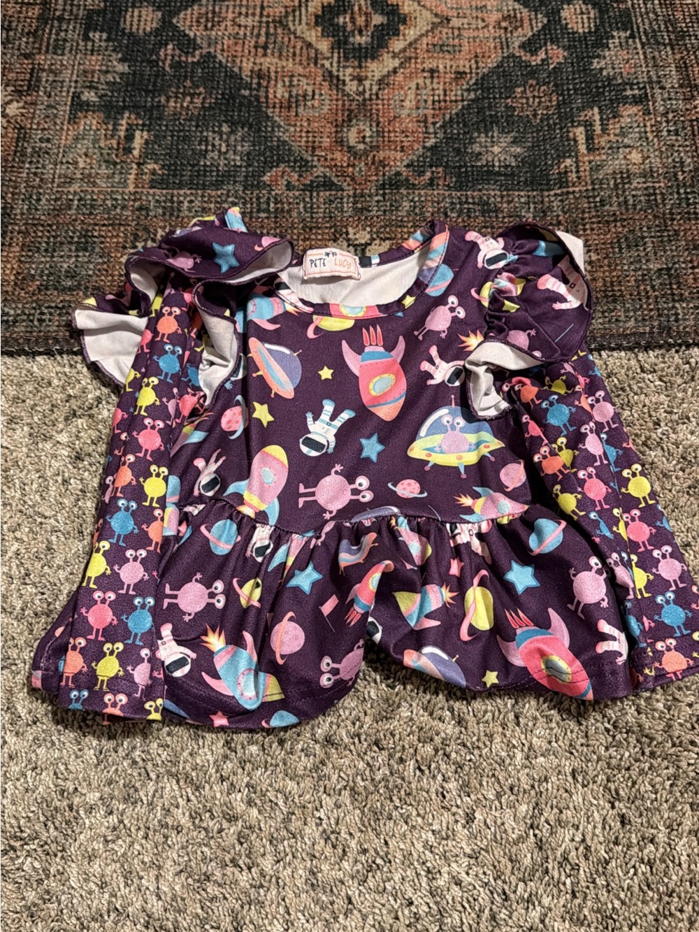 Petite Lemond Purple Space-Print Long Sleeve Ruffle Top